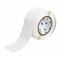 Vinyl white matte precut label roll cartridge for wire identification. Measures 1 in x 1/2 in, accommodates 16 AWG to 10 AWG wire gauge. Compatible with BBP81 printer series; requires R4300 ribbon. Used for marking wires in industrial settings.