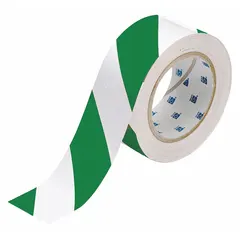 This general purpose floor marking tape features a green/white striped pattern on a polyester backing. It measures 2 inches wide by 100 feet long with an 8 mil thickness. Commonly used to mark aisles, hazard zones, and storage areas in industrial facilities, the striped design signals caution or directional flow.