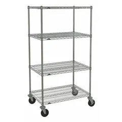 Mobile wire shelving unit for dry storage applications. Features four shelves, four posts, and a chrome finish on steel. Includes two swivel casters with brakes and rubber wheels for mobility and secure positioning. Silver finish.