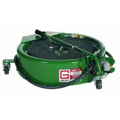 Steel fluid handler with 15-gallon capacity, 30-inch diameter, and 9-inch height. Green finish. Used for collecting, storing, and dispensing antifreeze in automotive and industrial maintenance settings.
