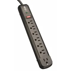 General purpose surge protector outlet strip with 7 outlets and a 4 ft power cord. Rated at 15 A and 540 J surge energy absorption. Features keyhole mounting for secure attachment to walls or racks. UL 1363 listed for basic power distribution and surge protection in workstations, server rooms, or manufacturing areas.