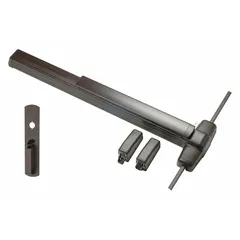 Surface vertical rod push bar with touchbar and thumbpiece pull, designed for commercial egress applications. Bronze construction. Suitable for doors up to 3 ft wide. Provides push-bar operation for emergency exit in buildings such as offices, schools, and retail facilities.