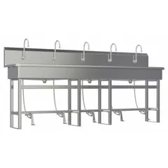 This five-station freestanding wash station is constructed from 16-gauge material with a 97-inch bowl length and 8-inch bowl depth. It features a 0.5 gpm flow rate and does not include a side splash. Suitable for high-traffic hand-washing in commercial or industrial settings.