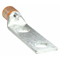 Two-hole compression lug for terminating 3/0 AWG stranded copper wire. Features a standard copper barrel and 3/8 in stud size. Includes an inspection hole for verifying conductor insertion. Suitable for bolted connections in electrical power distribution and control panels.