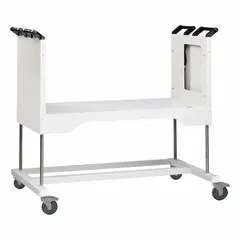 White powder-coated steel base stand for fume hoods and biosafety cabinets. Overall dimensions: 60 in height, 65 5/8 in width. Mobile design supports laboratory ventilation enclosures.