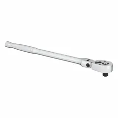 This flex-head ratchet features a chrome finish and a reversible mechanism for tightening or loosening fasteners. The 9-1/2-inch overall length and 5° minimum arc swing provide access in confined spaces. Suitable for automotive repair, machinery maintenance, and general assembly tasks.