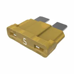Fast-acting blade fuse rated 5 A at 32 V DC, part of the ATOF series. Provides overcurrent protection in automotive electrical systems. Indicating feature allows visual identification of blown fuse. Suitable for circuits requiring quick response to fault currents.