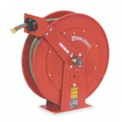 Spring-return hose reel for welding applications, storing and dispensing 75 ft of 3/8 in I.D. hose. Features aluminum swivel and body, red finish, and 9/16 in F UNF end configuration. Supports maximum operating pressure of 200 psi. Overall dimensions: 24 in L x 12-1/4 in W x 25-3/8 in H.