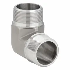 This 90° pipe elbow is a high-pressure precision fitting with 2 in male NPT threaded connections on both ends, rated for 1,000 psi. It is used to change flow direction in hydraulic and pneumatic systems, suitable for fluid power circuits in industrial applications.