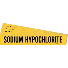 Yellow adhesive pipe marker with black legend reading 'Sodium Hypochlorite'. Fits pipe outer diameters from 2-1/2 to 7-7/8 inches. Sold in a pack of 5. No directional arrows. Used to identify pipe contents in industrial facilities.