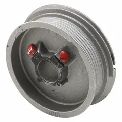 This steel cable drum is designed for use in overhead door counterbalance systems, managing cable winding and unwinding during door operation. It has a maximum load rating of 265 lb and is suitable for doors up to 9 ft in height. The drum mounts on the door and has an overall length of 4-1/2 in.