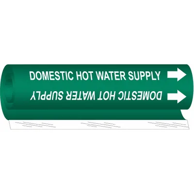 BRADY Pipe Marker: Domestic Hot Water Supply, Green, White, Fits 2 1/2 to 7 7/8 in Pipe O.D. - Domestic Hot Water Supply Wrap-Around Pipe Markers