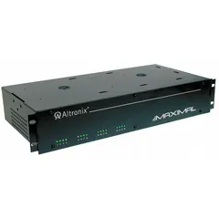 Steel-enclosed power supply board accepting 115V AC input. Provides selectable output of 12VDC at 3.5A or 24VDC at 3A. Used in access control, security, and industrial automation systems requiring a regulated enclosed power source.