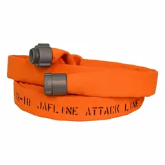 Attack fire hose with double-jacket construction, 1-1/2 in inside diameter, 100 ft length, and orange cover. Fitted with aluminum NPSH couplings featuring a Rocker lug design. Used for water delivery in structural and wildland firefighting operations.