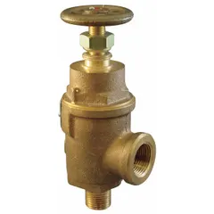 Non-code adjustable pressure relief valve for air, inert gas, and liquid systems. Bronze body with 1/2 in FNPT inlet and 1/2 in MNPT outlet. Maximum operating pressure 514 psi. Suitable for overpressure protection in pneumatic and hydraulic circuits.