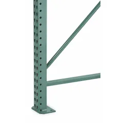 This steel upright frame is designed for use in teardrop pallet rack systems, providing vertical support in warehouse and industrial storage environments. With a 10 ft overall height and 42 in x 3 in dimensions, it is finished in green. The impact-resistant construction helps withstand forces from forklifts and material handling equipment.