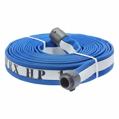Double-jacket attack fire hose with 1 3/4 in inside diameter and 100 ft length. Blue cover, synthetic yarn construction, and nylon-reinforced NBR rubber lining. Equipped with NPSH couplings featuring Rocker lugs and aluminum swivels. Used for delivering water or suppressants in firefighting operations.