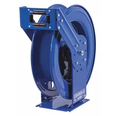This truck-mount spring-return hose reel is designed for air or water service. It holds 75 ft of 3/8 in I.D. hose and operates at a maximum pressure of 300 psi. The reel features a brass swivel and a blue finish, with overall dimensions of 24 in L x 9-3/8 in W x 25-1/2 in H. Suitable for industrial maintenance, vehicle workshops, and fleet operations.