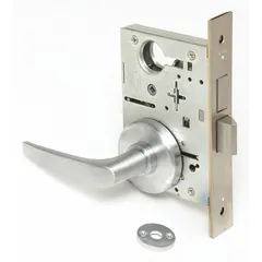 This privacy lever lockset features a satin chromium-plated stainless steel finish and is ADA compliant. It includes an interchangeable core and a 40H rose style. The ANSI F19 function allows locking from the inside with emergency release from outside, suitable for interior doors requiring privacy such as restrooms or bedrooms.
