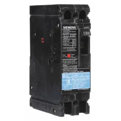 Siemens ED4-series molded case circuit breaker rated 50 A with a maximum interrupting rating of 18 kA at 480 V AC. Features a fixed instantaneous trip and load-side lug terminal connection, supporting any phase connection. Suitable for overload and short-circuit protection in power distribution systems.