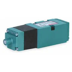 Single-solenoid, four-way/two-position pneumatic valve with a Cv of 5. Spring-return, non-locking manual override, plug-in electrical connection, 110-120V AC. Directs compressed air for double-acting cylinders in industrial automation.