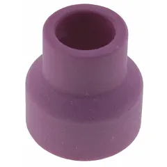 Alumina gas lens nozzle, model No. 5, standard size. Sold in a pack of 10. Used in TIG welding to improve shielding gas coverage and reduce turbulence for applications such as welding stainless steel, aluminum, and other alloys.