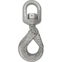 Alloy steel self-locking hook with swivel and plain finish. Grade 100, silver color. Features visual indicator markings for deformation and max angle. Used in lifting and rigging applications for secure load attachment.
