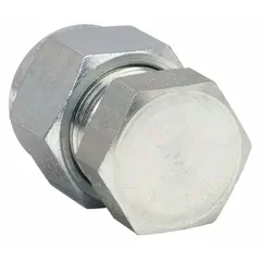 Steel compression fitting cap with double-ferrule design for sealing the end of 1/4 in OD tubing. Thread size 7/16"-20. Compatible with Parker fitting brands. Used in hydraulic, pneumatic, and instrumentation lines to provide a leak-proof closure.