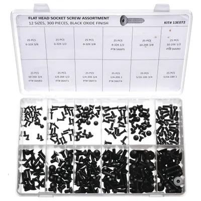 KERR LAKESIDE Cap Screw Assortment: Flat, External Hex, Alloy Steel, Black Oxide, 300 Pieces - Machine Screw Assortments