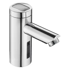 Brass construction with chrome finish. Single-post design with aerated flow. Powered by battery or solar energy; includes lithium battery. Suitable for commercial restroom applications requiring touch-free operation.