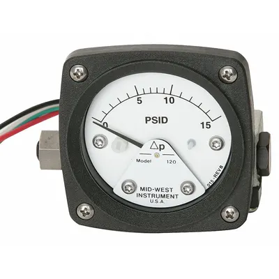 MIDWEST INSTRUMENT Differential Pressure Gauge & Switch: Back, 1/4 in NPT Female, 120 - Medium & High Operating Pressure Differential Gauges with Switch
