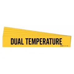 Adhesive pipe marker with yellow background and black legend reading 'Dual Temperature'. Designed for pipes with outer diameter from 2-1/2 to 7-7/8 inches. Pack of 5 includes one marker per pack. Used to identify pipes carrying dual-temperature fluids in industrial facilities.