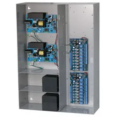 Steel-enclosed power supply board converting 115V AC input to 8 fused and 12 DC outputs with a maximum total current of 19A. Suitable for distributing fused DC power in security, access control, and industrial automation systems.