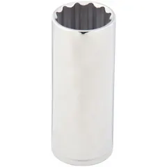 This 1/2" drive hand socket features a 1" SAE size with a 12-point deep profile for accessing recessed fasteners and extended studs. The chrome finish provides corrosion resistance. Overall length is 3 inches. Suitable for manual or low-speed power tool use in automotive, machinery, and industrial applications.