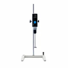 Low-torque overhead stirrer with variable speed control and digital display. Handles fluids up to 50,000 cps viscosity and volumes up to 40 L. Maximum torque of 60 N-cm, operating at 115V. Suitable for mixing paints, inks, adhesives, and chemical solutions in laboratory and industrial settings.