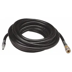 Polyester airline hose with 3/8 in inside diameter, rated for 185 psi maximum pressure. Fitted with 1/4 in Quick-Connect Hansen Industrial Interchange fittings. Used to supply breathing air from a compressed air source to supplied-air respirators in industrial environments such as paint spraying, chemical handling, welding, and confined space entry.