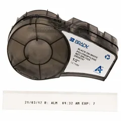 Thermal transfer continuous label roll cartridge for 1.5 mL vials or tubes. Constructed of cryogenic autoclavable polypropylene. Compatible with BMP21-PLUS printer series. Used for labeling in laboratory, pharmaceutical, and biobank settings requiring resistance to extreme cold and steam sterilization.
