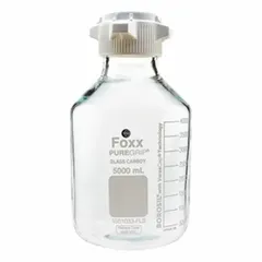 Colorless glass jug with a safety coating, 5 L capacity, 183 mm height. Narrow mouth design without handle. Used for storing and dispensing liquids in laboratory, pharmaceutical, and chemical handling applications.