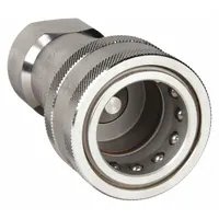 This ISO B Series hydraulic quick-connect coupling body features a 1" coupling size with 1"-11-1/2 Female NPTF threads. Constructed from 316 stainless steel with a fluorocarbon seal, it is used in industrial hydraulic systems for connecting and disconnecting fluid lines under pressure