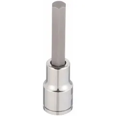 This hex bit socket features a fixed insert design with a 6 mm hex tip. It has a 1/2-inch drive size and an overall length of 3 1/2 inches. Used for driving hex-head fasteners in assembly, maintenance, and repair tasks.
