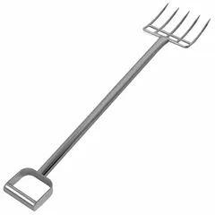 This reinforced hygienic fork features five tines with an 8-1/4 in tine length and a 35-1/2 in D-handle. It is FDA compliant for use in food processing, pharmaceutical, and sanitary environments where contamination control is required. The fork is designed for safe handling of bulk ingredients or products.