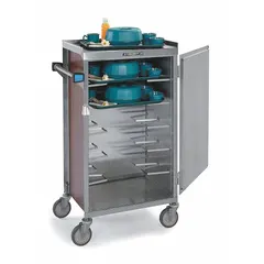Non-pass-through meal delivery cart with one door and six stainless steel trays. Constructed of stainless steel with a silver finish and four swivel casters. NSF certified for sanitation compliance. Suitable for transporting prepared meals in institutional food service settings.
