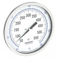 ASHCROFT Dial Thermometer: 50°F to 550°F /10°C to 290°C, ±1% Accuracy, 4 in Stem Lg, 5 in Dial Dia (MPN 50EI60R)