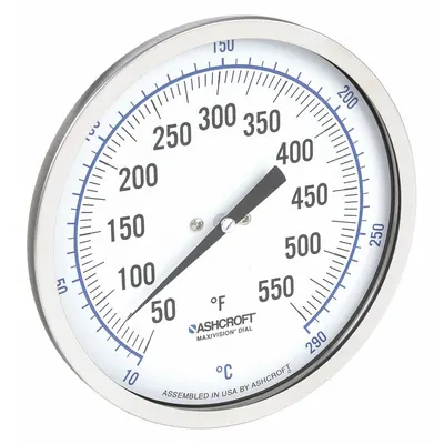ASHCROFT Dial Thermometer: 50°F to 550°F /10°C to 290°C, ±1% Accuracy, 4 in Stem Lg - Back-Mount Fixed-Angle Thread-Mount Dial Thermometers