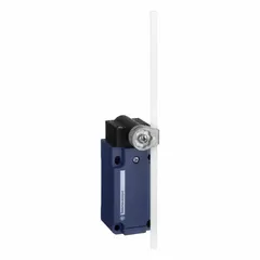 Adjustable rod lever-arm limit switch from the XCKS series with screw clamp terminals. Plastic housing. Maximum operating torque 0.89 in-lb. Used in industrial automation for position detection of moving parts, such as in conveyor systems and packaging machinery.