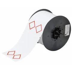 Red, no-legend precut label roll with two GHS/CLP diamonds, measuring 2 61/64 in x 4 21/64 in with a 2 61/64 in diamond. Acrylic adhesive. Compatible with BBP31 printer series. Used for on-demand printing of chemical hazard labels in industrial and laboratory settings.