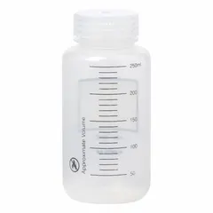 Polypropylene Wide Mouth Round Lab Bottle, 250 mL, 8 fl oz, Colorless, with Closure, Graduated