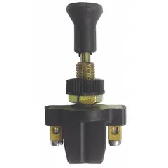 Panel-mount push/pull switch with screw terminals for On/Off control of electrical circuits. Features a black actuator and stem, two connections, and a long neck for thicker panels. Suitable for automotive battery disconnect or accessory power applications.