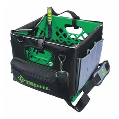 This GREENLEE tool tote is made of black polyester and features 11 inside pockets for organizing hand tools. It is suitable for carrying tools on job sites or in workshops, providing compact storage and easy access to frequently used items.