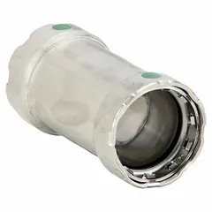 Press-fit x Press-fit coupling for joining 1/2 in stainless steel pipe in potable water systems. Features an EPDM seal for leak-free connections. Suitable for plumbing applications requiring corrosion-resistant fittings.